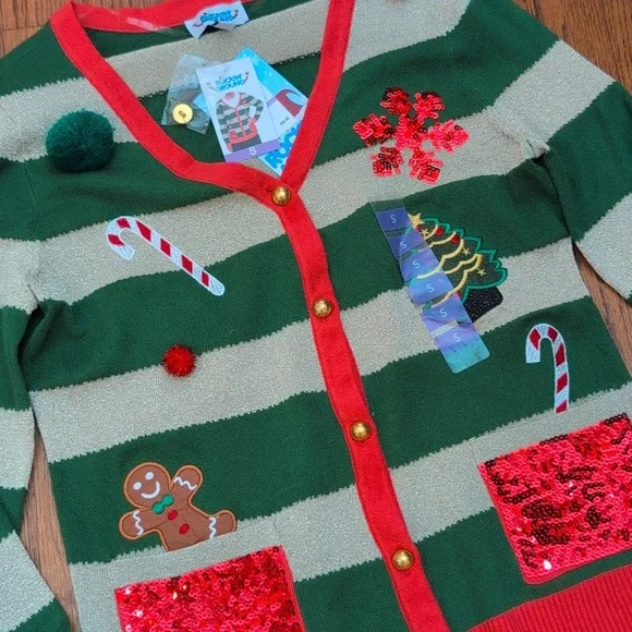 Rockin Around - NWT Ugly Christmas Cardigan Sweater with ELF Stripes - Picture 3 of 5
